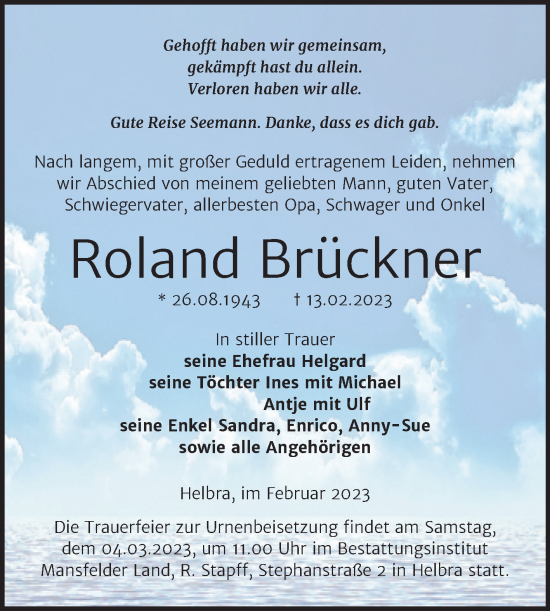 Traueranzeige von Roland Brückner von Trauerkombi Mansfelder Land