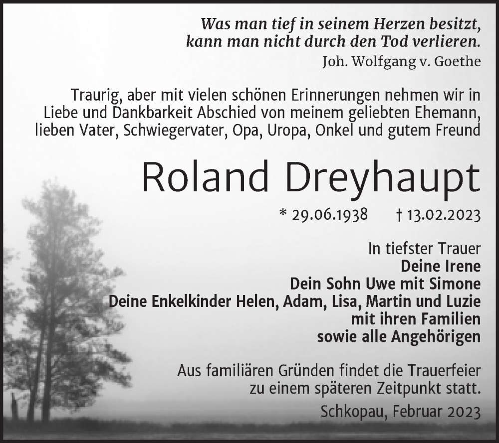  Traueranzeige für Roland Dreyhaupt vom 18.02.2023 aus Trauerkombi Merseburg