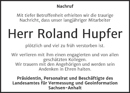 Traueranzeige von Roland Hupfer von Mitteldeutsche Zeitung Halle/Saalkreis