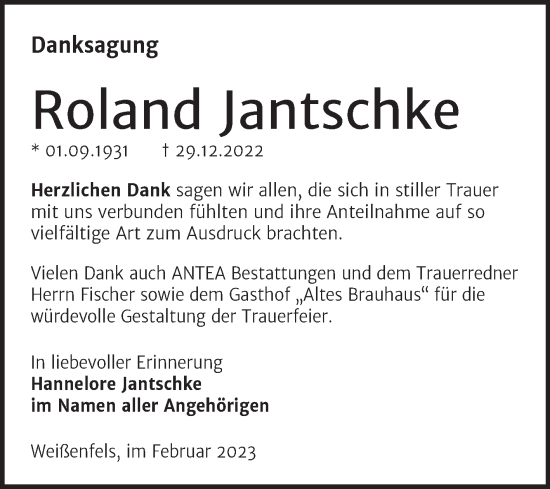 Traueranzeige von Roland Jantschke von Trauerkombi Weißenfels