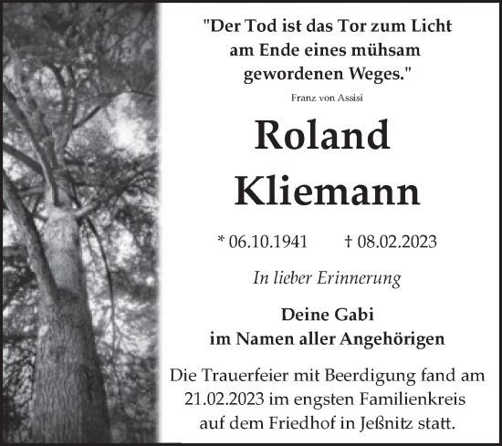 Traueranzeige von Roland Kliemann von Trauerkombi Bitterfeld