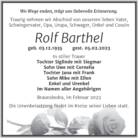 Traueranzeige von Rolf Barthel von Trauerkombi Merseburg