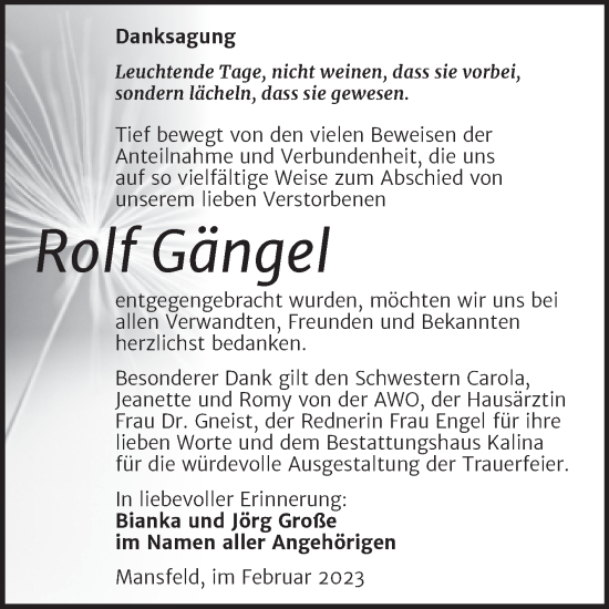 Traueranzeige von Rolf Gängel von Trauerkombi Mansfelder Land