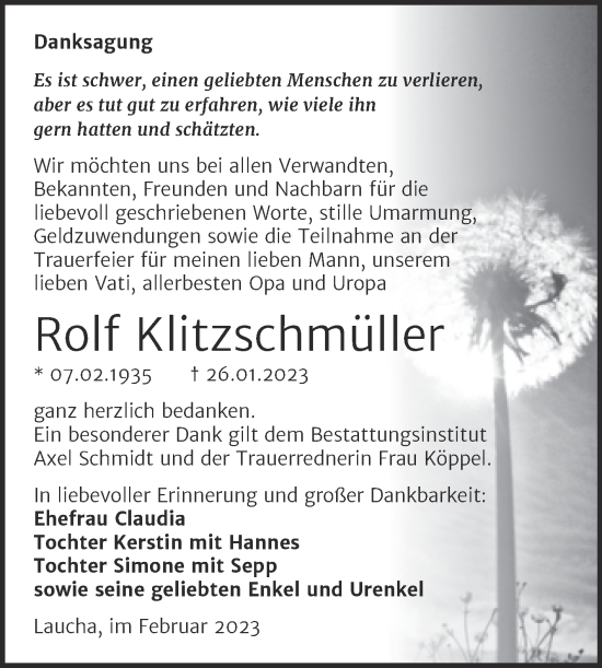 Traueranzeige von Rolf Klitzschmüller von Naumburger Tageblatt