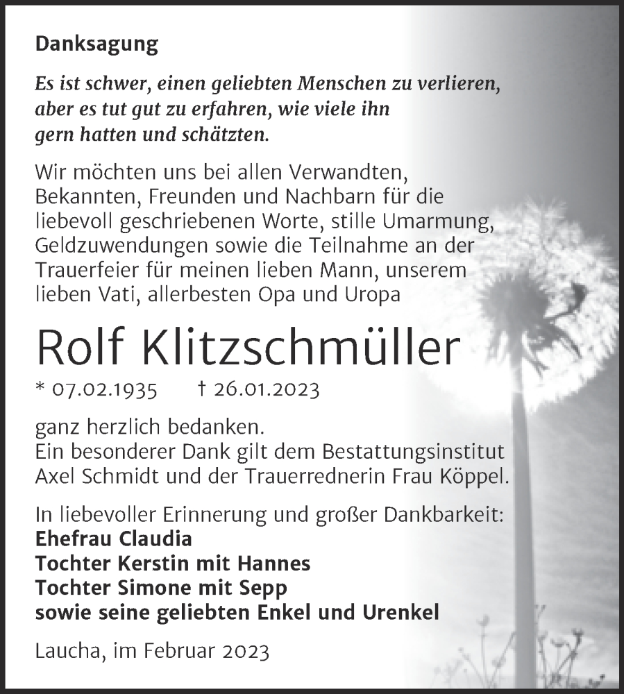  Traueranzeige für Rolf Klitzschmüller vom 25.02.2023 aus Naumburger Tageblatt