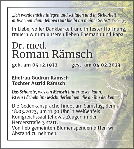 Traueranzeige von Roman Rämsch von Trauerkombi Weißenfels