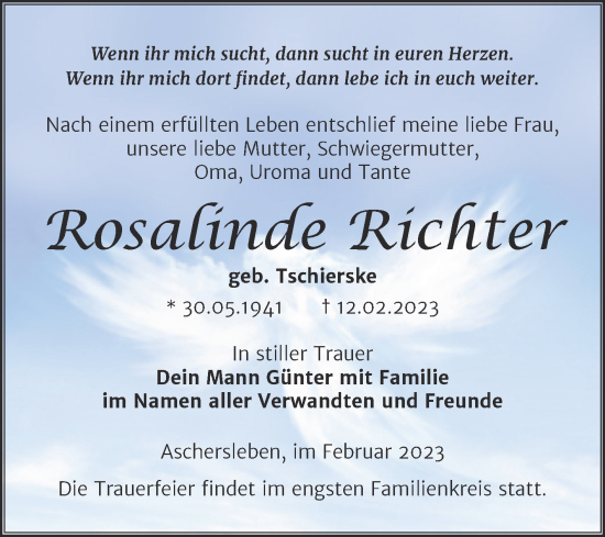 Traueranzeige von Rosalinde Richter von Trauerkombi Aschersleben