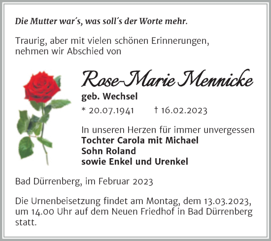 Traueranzeige von Rose-Marie Mennicke von Trauerkombi Merseburg