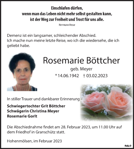 Traueranzeige von Rosemarie Böttcher von Trauerkombi Weißenfels