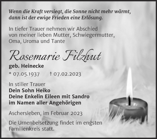 Traueranzeige von Rosemarie Filzhut von Trauerkombi Aschersleben
