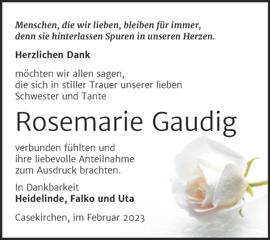 Traueranzeige von Rosemarie Gaudig von Wochenspiegel Naumburg/Nebra