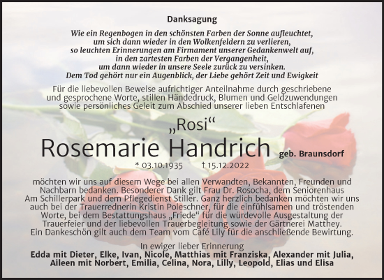 Traueranzeige von Rosemarie Handrich von Trauerkombi Dessau