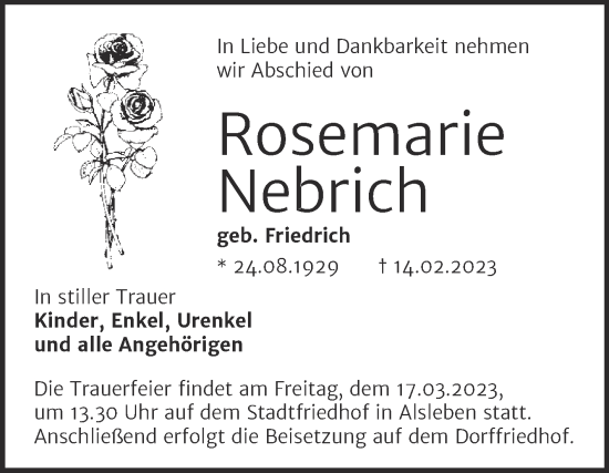 Traueranzeige von Rosemarie Nebrich von Trauerkombi Bernburg
