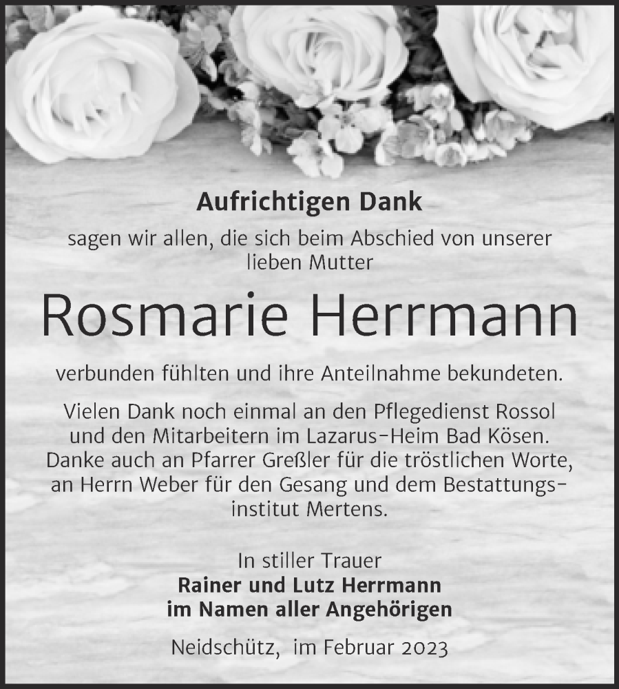  Traueranzeige für Rosmarie Herrmann vom 22.02.2023 aus Wochenspiegel Naumburg/Nebra