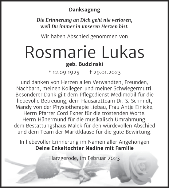 Traueranzeige von Rosmarie Lukas von Trauerkombi Quedlinburg