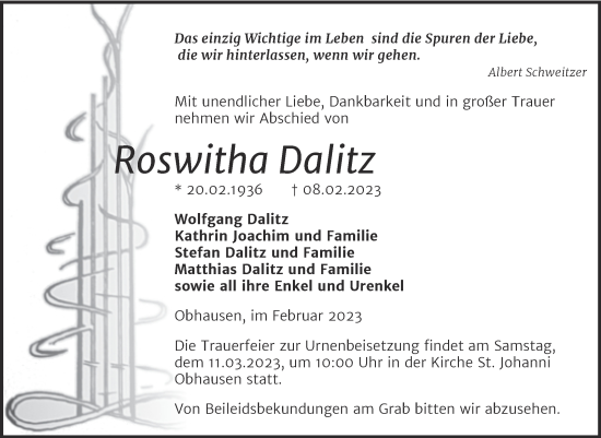 Traueranzeige von Roswitha Dalitz von Trauerkombi Merseburg