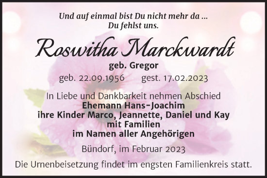 Traueranzeige von Roswitha Marckwardt von Trauerkombi Merseburg
