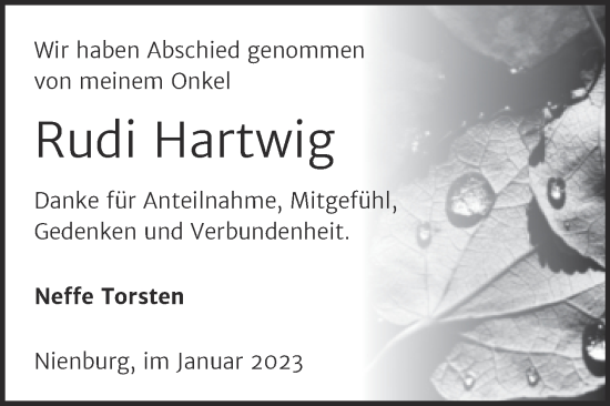 Traueranzeige von Rudi Hartwig von Trauerkombi Bernburg