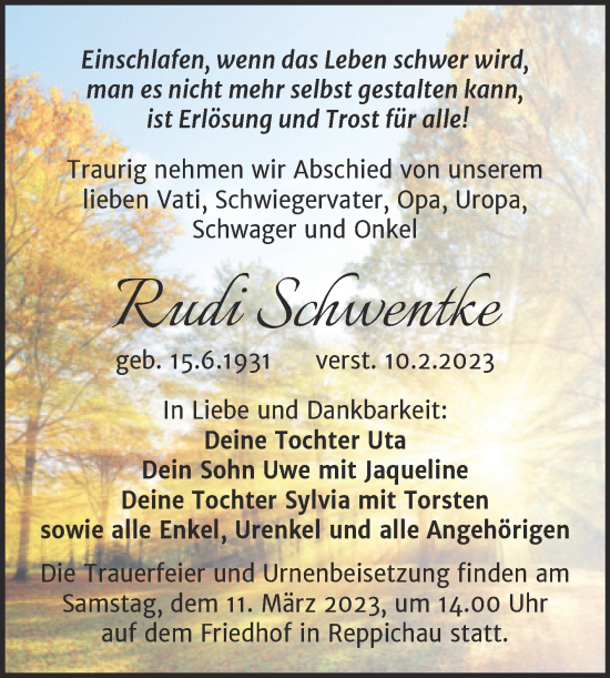Traueranzeige von Rudi Schwentke von Trauerkombi Köthen