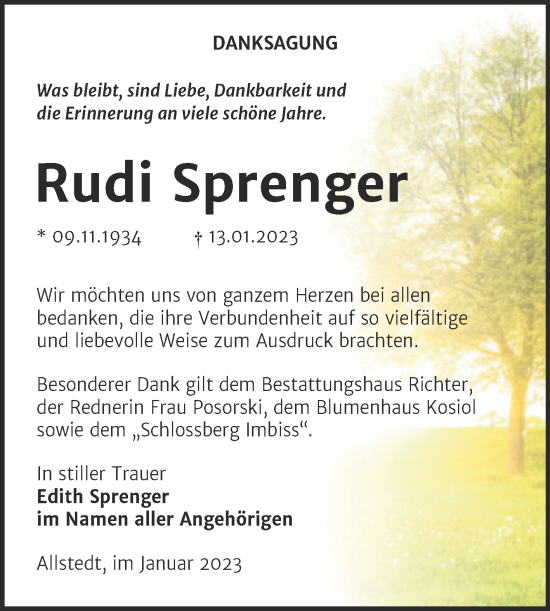 Traueranzeige von Rudi Sprenger von Trauerkombi Sangerhausen