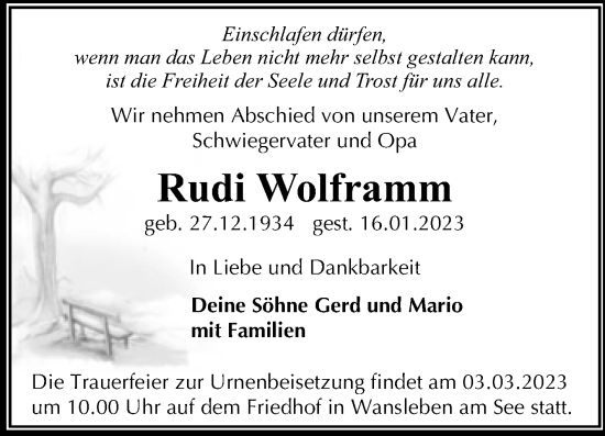 Traueranzeige von Rudi Wolframm von Trauerkombi Mansfelder Land