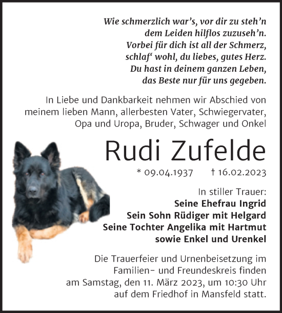 Traueranzeige von Rudi Zufelde von Trauerkombi Mansfelder Land