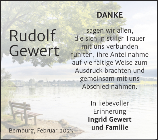 Traueranzeige von Rudolf Gewert von Trauerkombi Bernburg