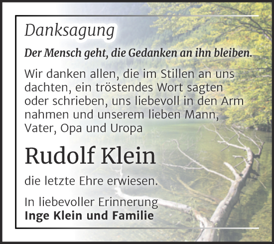Traueranzeige von Rudolf Klein von Trauerkombi Mansfelder Land