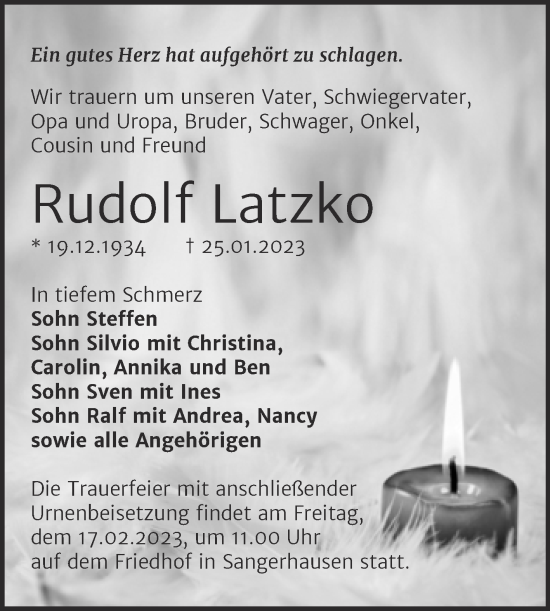 Traueranzeige von Rudolf Latzko von Trauerkombi Sangerhausen