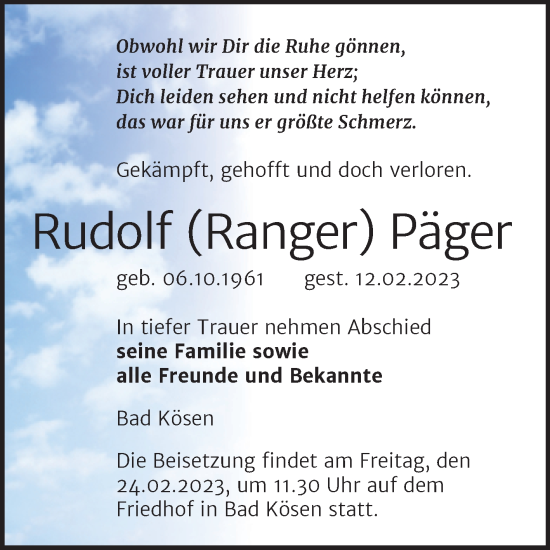Traueranzeige von Rudolf Päger von Wochenspiegel Naumburg/Nebra