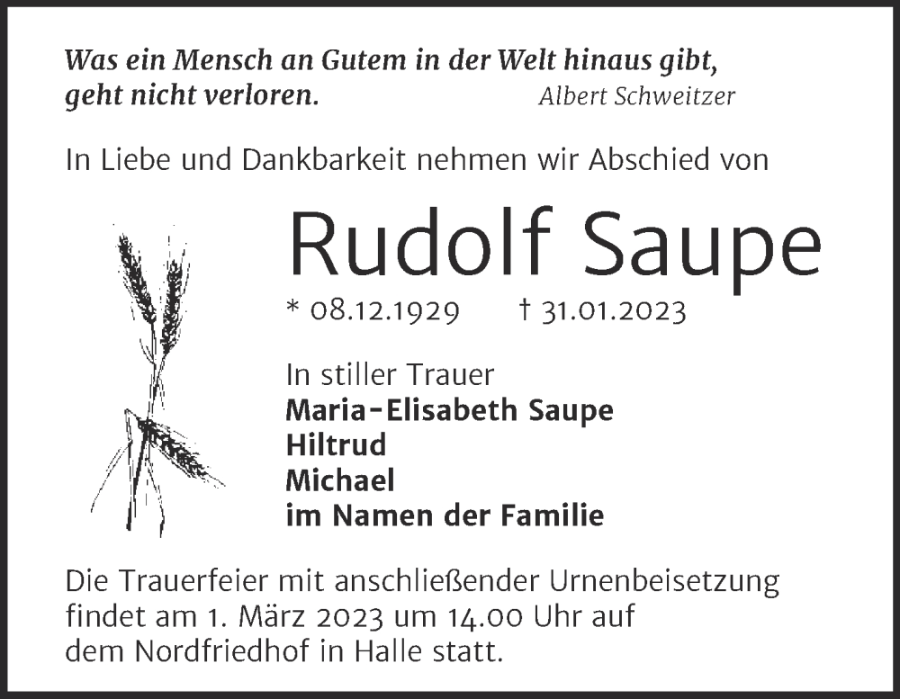  Traueranzeige für Rudolf Saupe vom 11.02.2023 aus Mitteldeutsche Zeitung Halle/Saalkreis