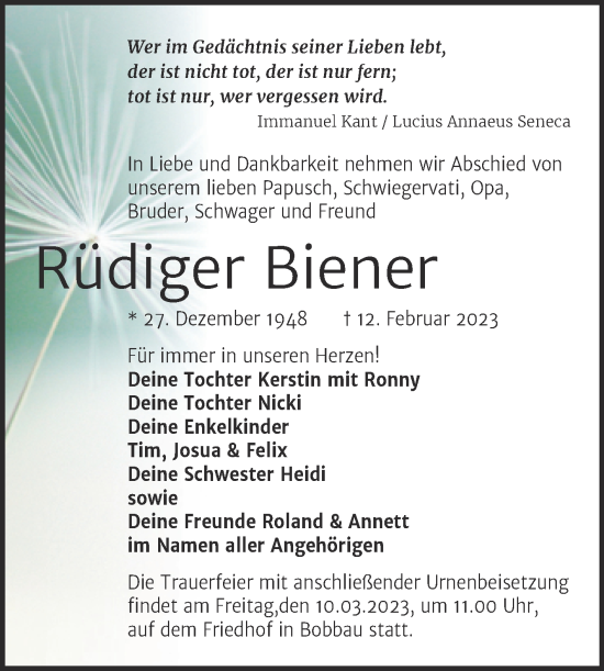 Traueranzeige von Rüdiger Biener von Trauerkombi Bitterfeld