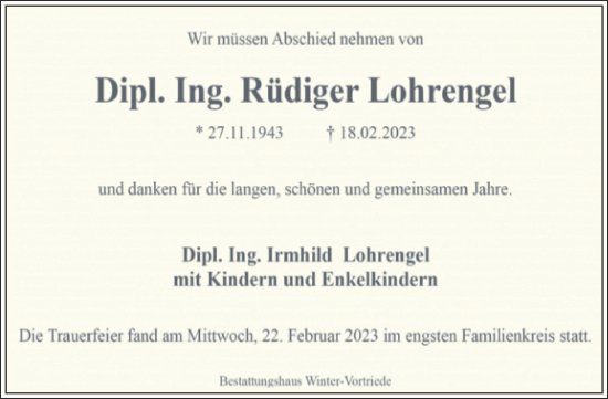 Traueranzeige von Rüdiger Lohrengel von Trauerkombi Aschersleben
