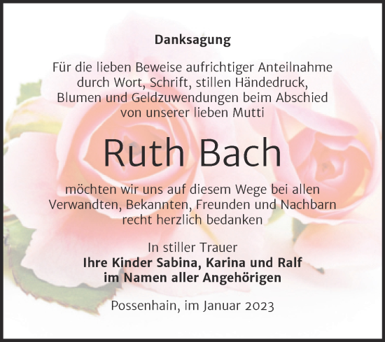 Traueranzeige von Ruth Bach von Wochenspiegel Naumburg/Nebra