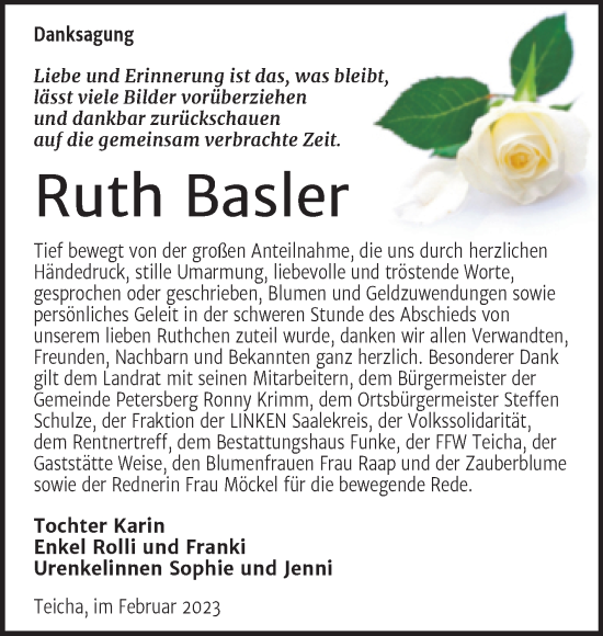 Traueranzeige von Ruth Basler von Mitteldeutsche Zeitung Halle/Saalkreis