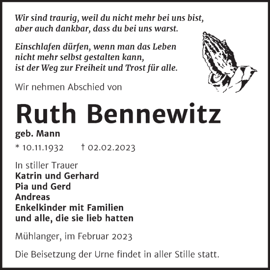 Traueranzeige von Ruth Bennewitz von Trauerkombi Wittenberg