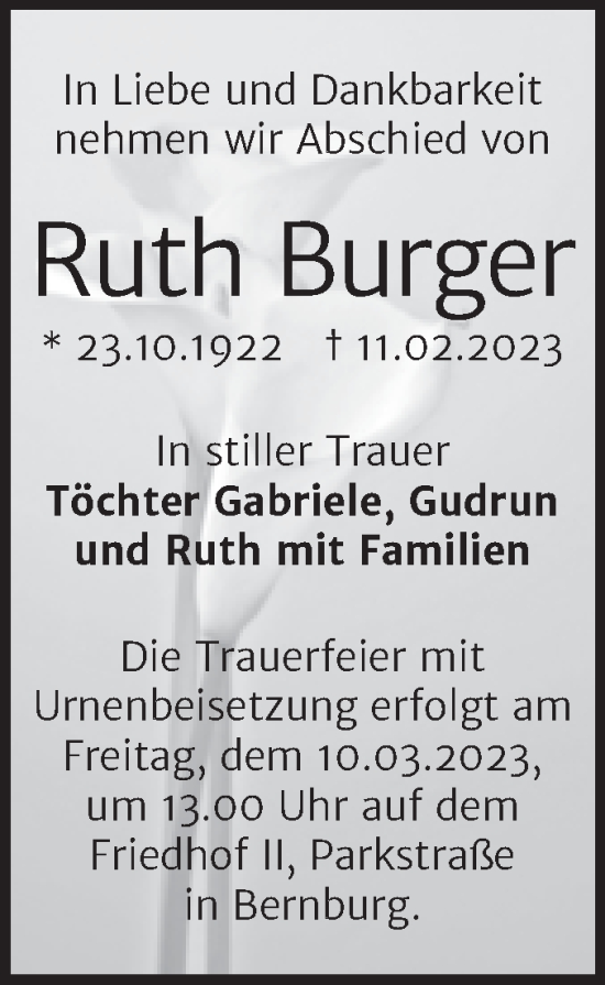 Traueranzeige von Ruth Burger von Trauerkombi Bernburg