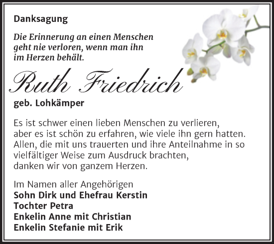Traueranzeige von Ruth Friedrich von Trauerkombi Merseburg