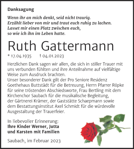 Traueranzeige von Ruth Gattermann von Wochenspiegel Naumburg/Nebra
