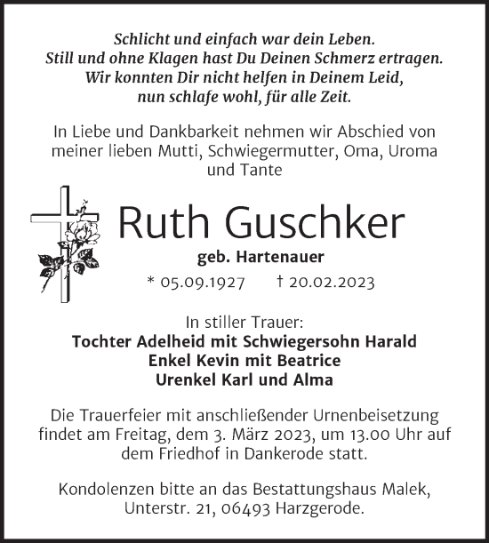 Traueranzeige von Ruth Guschker von Trauerkombi Quedlinburg