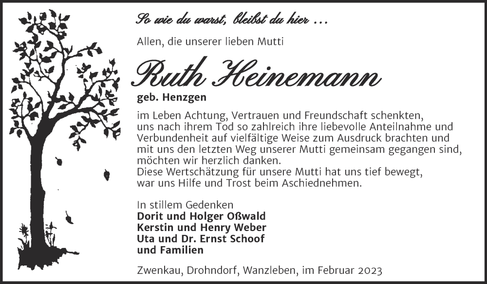  Traueranzeige für Ruth Heinemann vom 24.02.2023 aus Trauerkombi Aschersleben