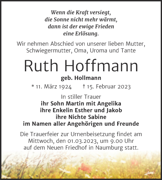 Traueranzeige von Ruth Hoffmann von Wochenspiegel Naumburg/Nebra