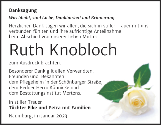 Traueranzeige von Ruth Knobloch von Wochenspiegel Naumburg/Nebra