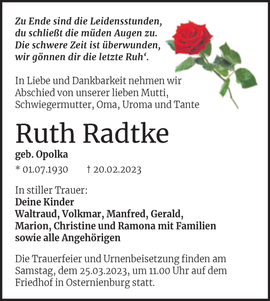Traueranzeige von Ruth Radtke von Trauerkombi Köthen