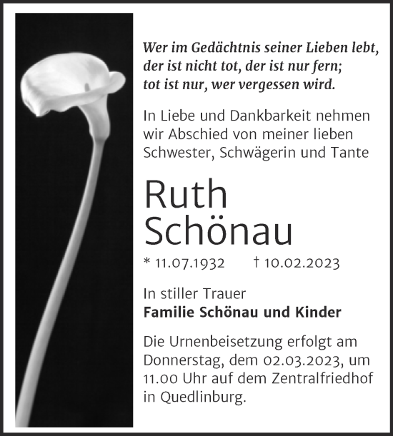 Traueranzeige von Ruth Schönau von Trauerkombi Quedlinburg