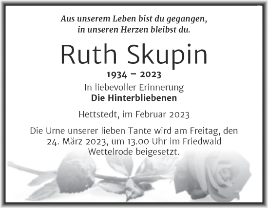 Traueranzeige von Ruth Skupin von Trauerkombi Mansfelder Land
