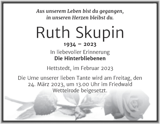 Traueranzeige von Ruth Skupin von Trauerkombi Mansfelder Land