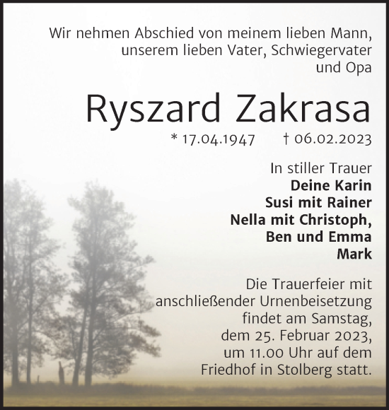 Traueranzeige von Ryszard Zakrasa von Trauerkombi Sangerhausen