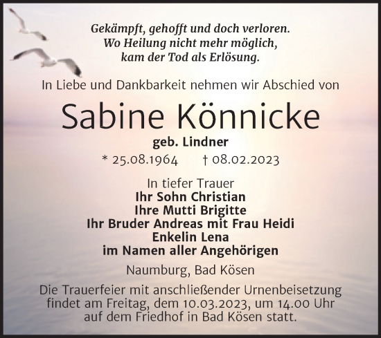 Traueranzeige von Sabine Könnicke von Wochenspiegel Naumburg/Nebra