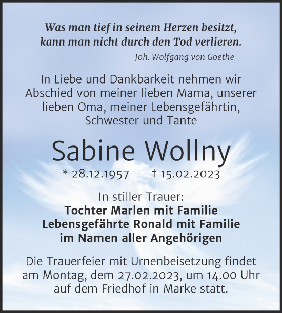 Traueranzeige von Sabine Wollny von Mitteldeutsche Zeitung Bitterfeld